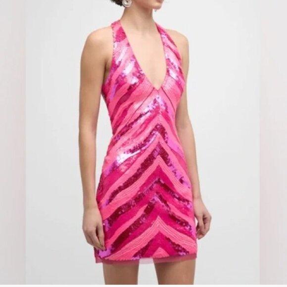 Liv Foster Dresses & Skirts - LIV FOSTER V-Neck Halter Sequin Stripe Pink Mini Dress, Size 6
